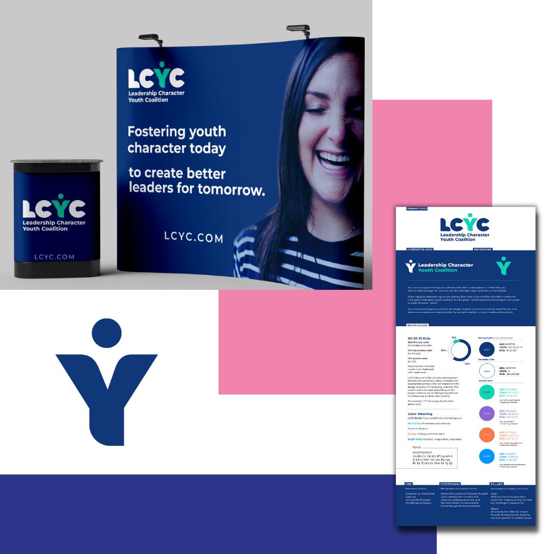 Framework Marketing Consulting - Client Story - Leadership Character Youth Coalition LCYC - Collateral Mockup Graphic and Logo and Brand Board