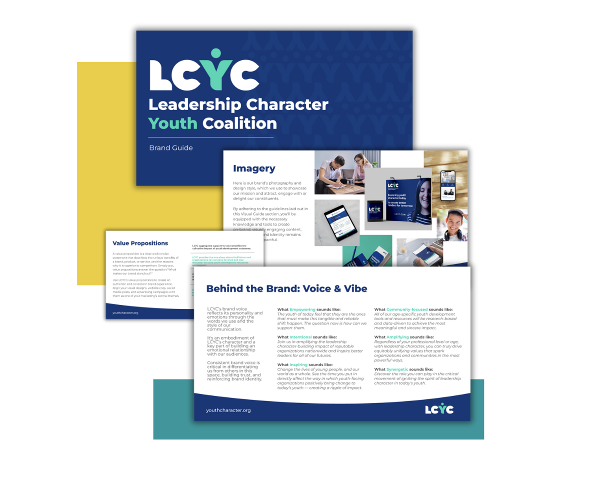 Framework Marketing Consulting - Client Story - Leadership Character Youth Coalition LCYC - Brand Guide Mockup Graphic